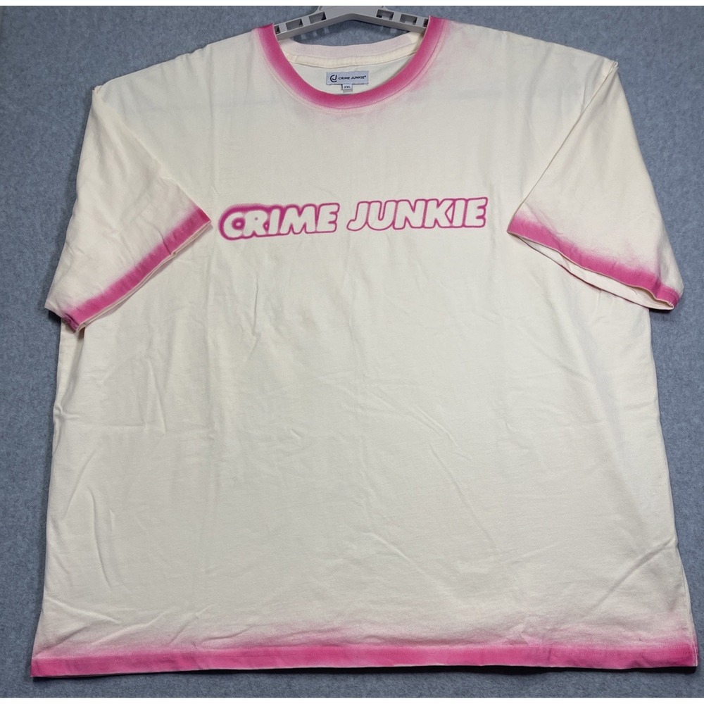 Crime Junkie Unisex Cream/Pink Graphic Logo Crew Neck Cotton Knit Tee Size 2XL
